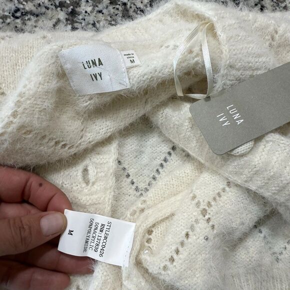 Luna Ivy Cream Diamond Pattern Pearls Buttons Cardigan Sweater Women NWT medium - Picture 7 of 8